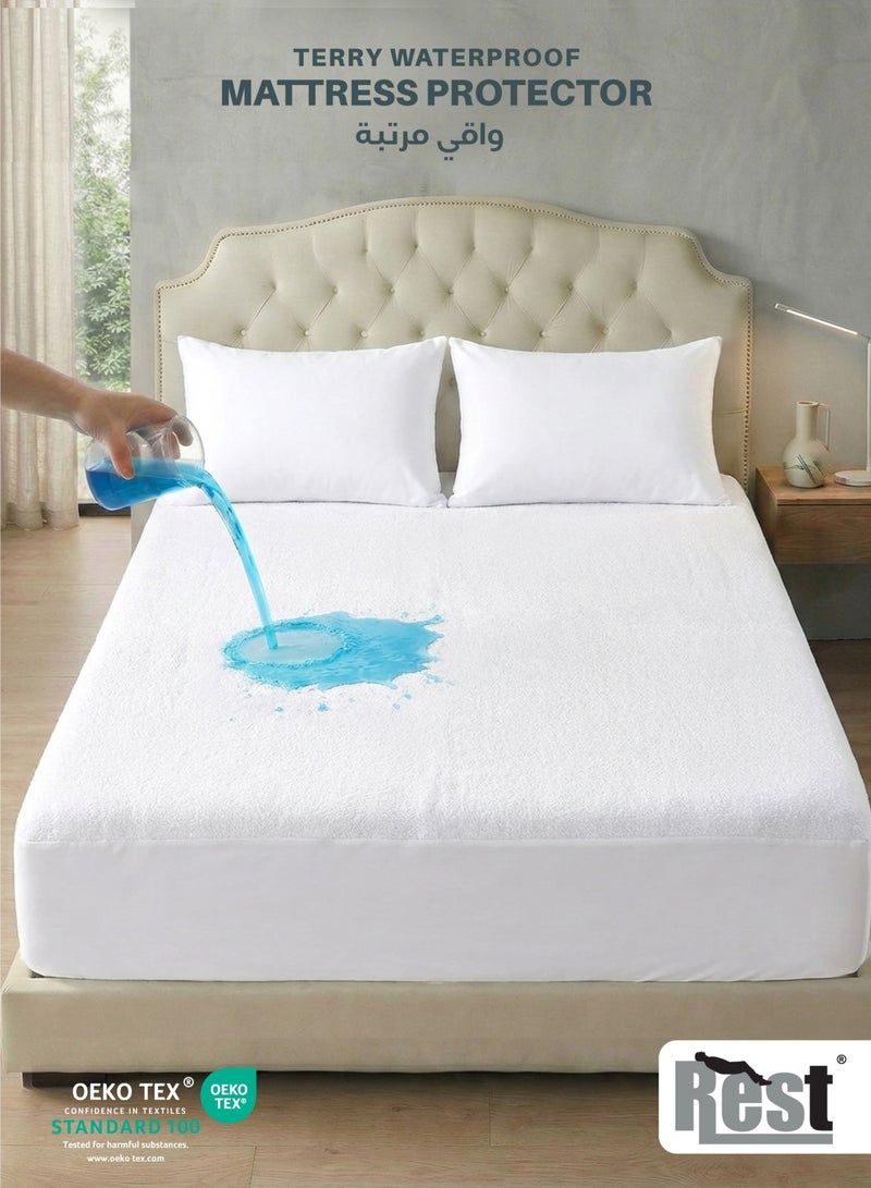 ريست REST Waterproof Premium Mattress Protector 150x200cm , 59x79 inch White Terry Cotton Upto 35cm Deep Pocket Hypoallergenic Breathable Mattress Protector Machine Washable - Image 1