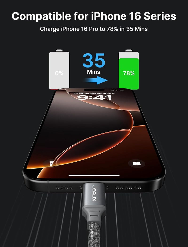 JSAUX كابل USB من النوع C إلى USB من النوع C بقوة 100 واط [عبوة من 2 قطعة، 3 متر]، كابل شحن سريع من النوع C متوافق مع iPhone 17/17 Air/17 Pro/17 Pro Max/17e، iPhone 16/15 Pro Max، Galaxy S24/S23/S22، MacBook، iPad، Pixel - رمادي - Image 2