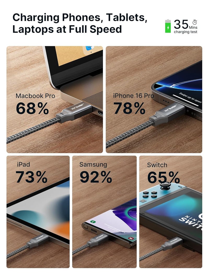 JSAUX كابل USB من النوع C إلى USB من النوع C بقوة 100 واط [عبوة من 2 قطعة، 3 متر]، كابل شحن سريع من النوع C متوافق مع iPhone 17/17 Air/17 Pro/17 Pro Max/17e، iPhone 16/15 Pro Max، Galaxy S24/S23/S22، MacBook، iPad، Pixel - رمادي - Image 3