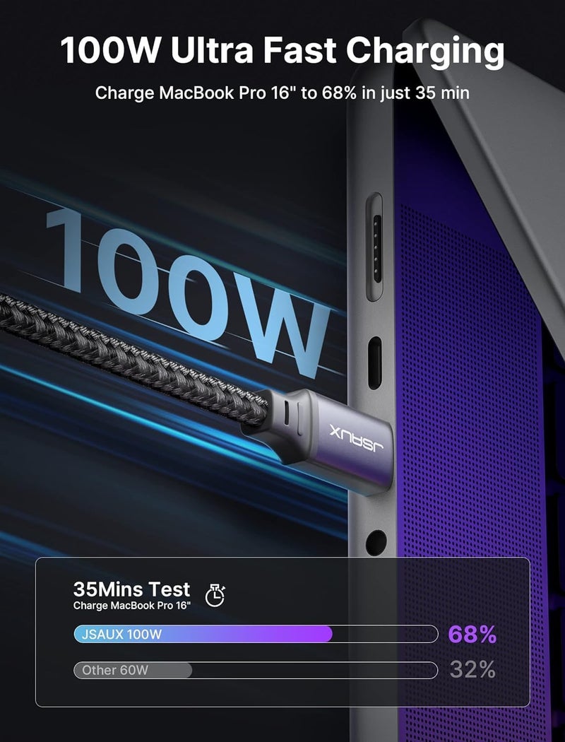 JSAUX كابل USB من النوع C إلى USB من النوع C بقوة 100 واط [عبوة من 2 قطعة، 3 متر]، كابل شحن سريع من النوع C متوافق مع iPhone 17/17 Air/17 Pro/17 Pro Max/17e، iPhone 16/15 Pro Max، Galaxy S24/S23/S22، MacBook، iPad، Pixel - رمادي - Image 4