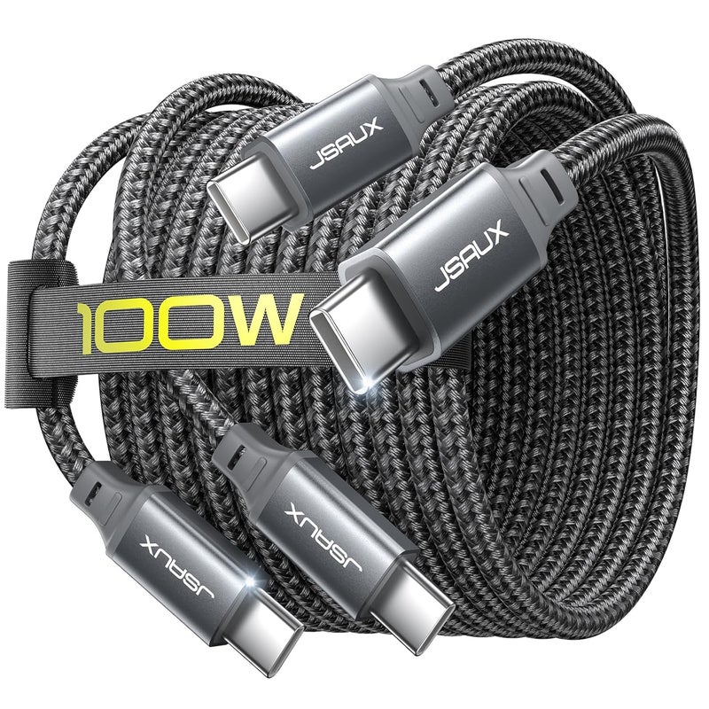JSAUX كابل USB من النوع C إلى USB من النوع C بقوة 100 واط [عبوة من 2 قطعة، 3 متر]، كابل شحن سريع من النوع C متوافق مع iPhone 17/17 Air/17 Pro/17 Pro Max/17e، iPhone 16/15 Pro Max، Galaxy S24/S23/S22، MacBook، iPad، Pixel - رمادي - Image 1