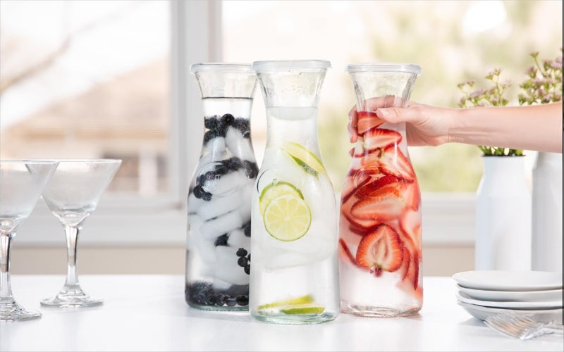 KooK Glass Carafe, Mimosa Bar Supplies, Carafe Pitchers with Lid, Set of 3, Glass Water Pitcher, Drink Dispensers for Parties, Tea, Wine, and Juice, Plastic Lids, Dishwasher Safe, 35 oz - Image 3