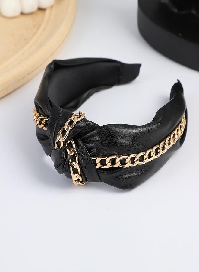 BaBakiak Punk Knotted Headband with Gold Chain, Black PU Leather, Vintage Knotted HeadBand Hair Hoop Hair Accessories - Image 3