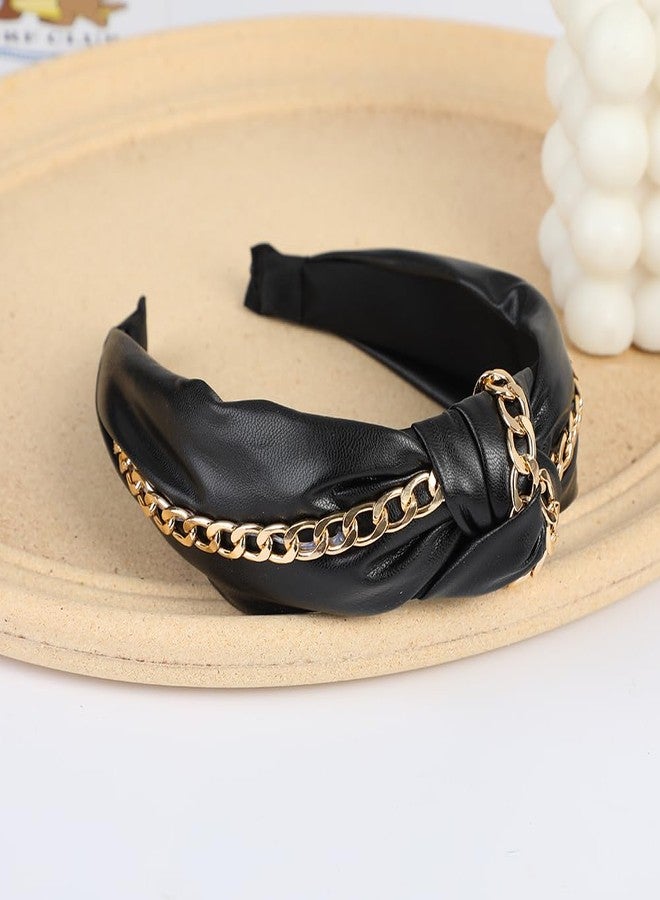 BaBakiak Punk Knotted Headband with Gold Chain, Black PU Leather, Vintage Knotted HeadBand Hair Hoop Hair Accessories - Image 2