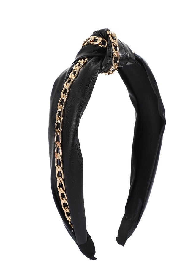 BaBakiak Punk Knotted Headband with Gold Chain, Black PU Leather, Vintage Knotted HeadBand Hair Hoop Hair Accessories - Image 1