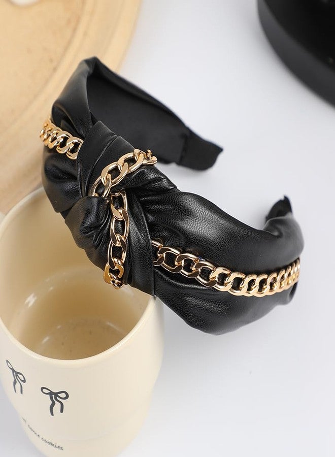 BaBakiak Punk Knotted Headband with Gold Chain, Black PU Leather, Vintage Knotted HeadBand Hair Hoop Hair Accessories - Image 4