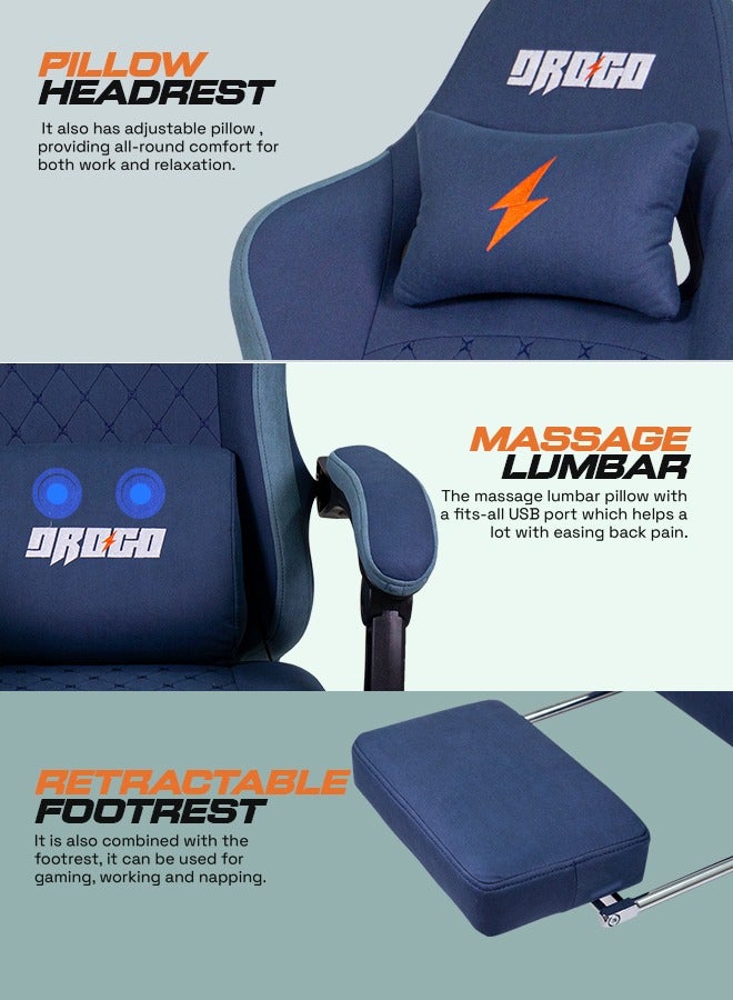 DROGO Throne Ergonomic Gaming Chair, Video Game Chair with Linkage Armrest, Footrest & Adjustable Seat Computer Chair with Fabric, Head & Massager Lumbar Pillow Home & Office Chair with Recline Dark Blue  - Image 4