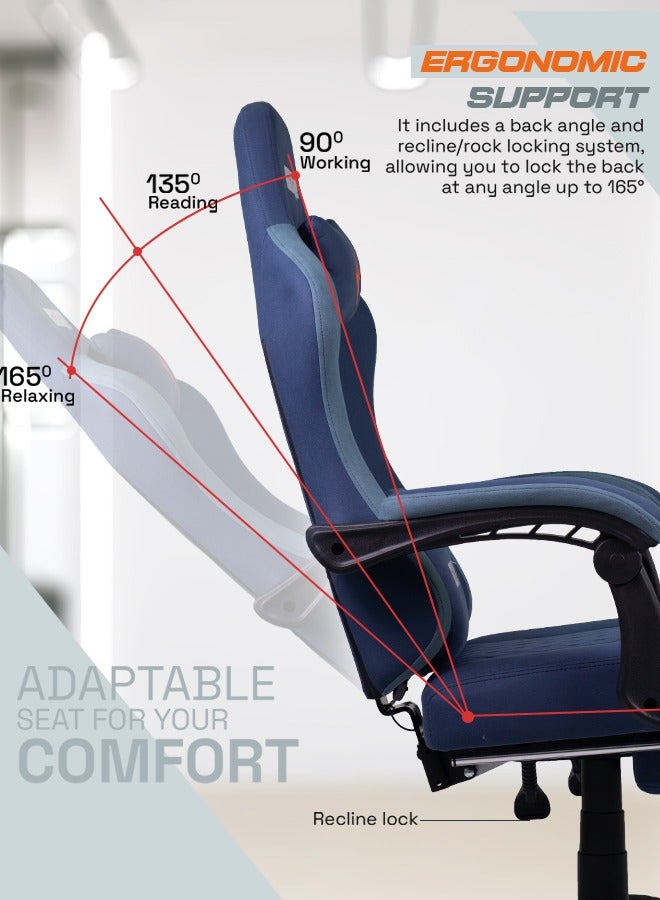 DROGO Throne Ergonomic Gaming Chair, Video Game Chair with Linkage Armrest, Footrest & Adjustable Seat Computer Chair with Fabric, Head & Massager Lumbar Pillow Home & Office Chair with Recline Dark Blue  - Image 3