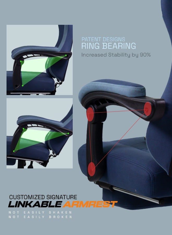 DROGO Throne Ergonomic Gaming Chair, Video Game Chair with Linkage Armrest, Footrest & Adjustable Seat Computer Chair with Fabric, Head & Massager Lumbar Pillow Home & Office Chair with Recline Dark Blue  - Image 2