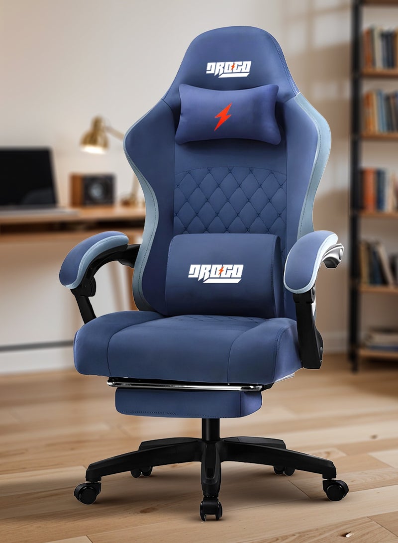 DROGO Throne Ergonomic Gaming Chair, Video Game Chair with Linkage Armrest, Footrest & Adjustable Seat Computer Chair with Fabric, Head & Massager Lumbar Pillow Home & Office Chair with Recline Dark Blue  - Image 1