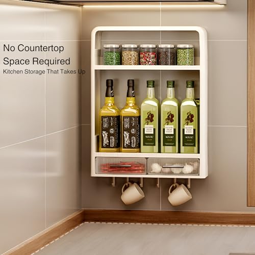 KREPS Pp Plastic Shower Caddy Shelf Organizer Rack,Self Adhesive,Multifunctional Shelf Over Wall Mounted Bathroom Toilet Shelving For Bedroom and Kitchen Decoration (2-Layer with Drawers & Hooks) - Image 3