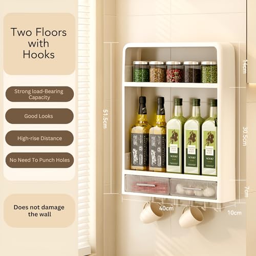 KREPS Pp Plastic Shower Caddy Shelf Organizer Rack,Self Adhesive,Multifunctional Shelf Over Wall Mounted Bathroom Toilet Shelving For Bedroom and Kitchen Decoration (2-Layer with Drawers & Hooks) - Image 4