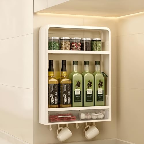 KREPS Pp Plastic Shower Caddy Shelf Organizer Rack,Self Adhesive,Multifunctional Shelf Over Wall Mounted Bathroom Toilet Shelving For Bedroom and Kitchen Decoration (2-Layer with Drawers & Hooks) - Image 1