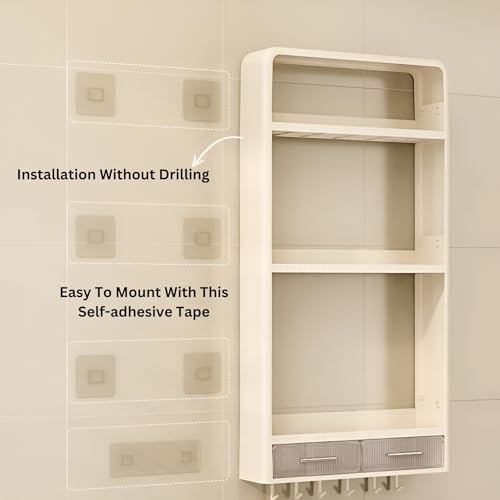 KREPS Pp Plastic Shower Caddy Shelf Organizer Rack,Self Adhesive,Multifunctional Shelf Over Wall Mounted Bathroom Toilet Shelving For Bedroom and Kitchen Decoration (2-Layer with Drawers & Hooks) - Image 5
