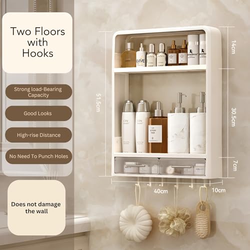 KREPS Pp Plastic Shower Caddy Shelf Organizer Rack,Self Adhesive,Multifunctional Shelf Over Wall Mounted Bathroom Toilet Shelving For Bedroom and Kitchen Decoration (2-Layer with Drawers & Hooks) - Image 2