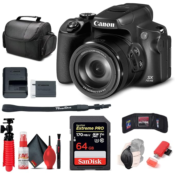 Canon PowerShot SX70 HS Digital Camera Starter with Tripod Bundle | For Photography & Video + 64GB Memory Card + Cleaning Kit + Card Reader + Hand Strap + Camera Bag - Image 1