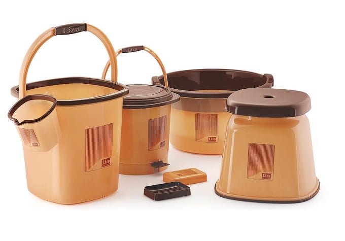 BATHROOM SET 6 PCS, BUCKET (18LTR), TUB(18LTR), MUG (1 LTR), PUSH DUST BIN, BIG STOOL, SOAP CASE (OPERA6LIGHT BROWN)