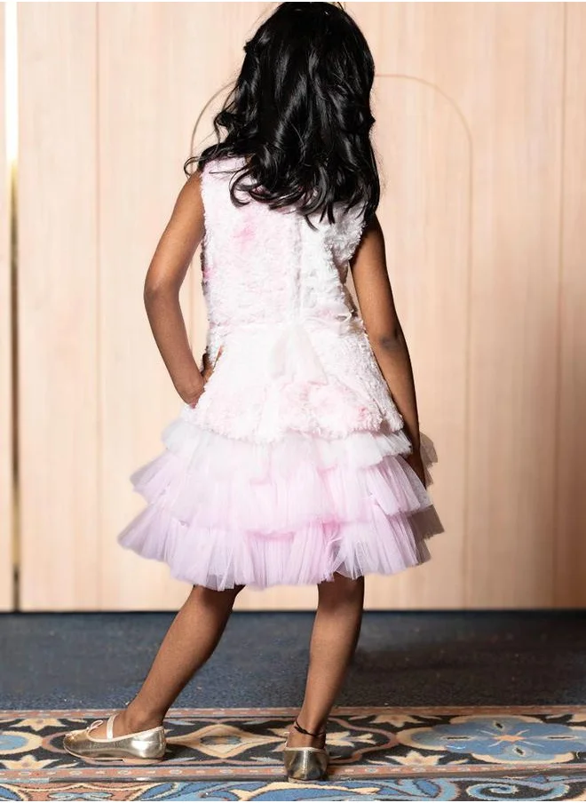 babyqlo Blush Beauty Layered Pink Ruffle Dress with Floral Accents