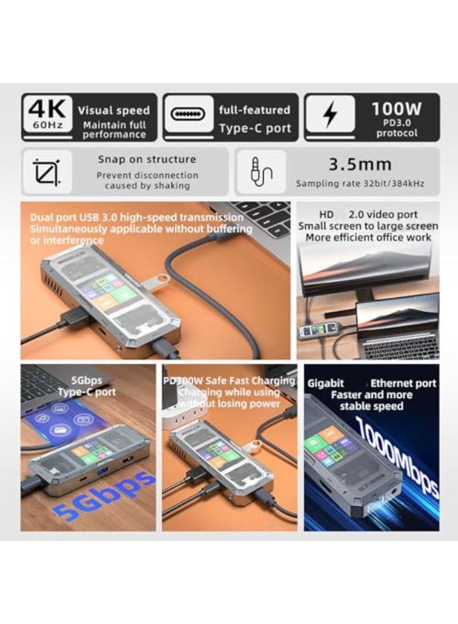بيفا محطة إرساء ذكية PIVA G71 سباعية المنافذ USB-C مع شاشة وHDMI بدقة 4K وإيثرنت جيجابت وPD 100W - Image 3
