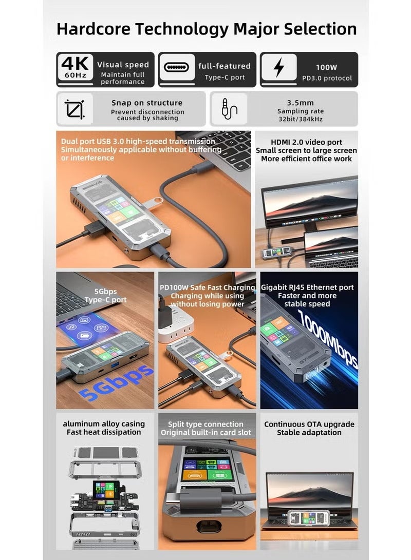 PIVA G71 7-in-1 USB-C Docking Station with Status Display, 4K HDMI, Gigabit Ethernet, 100W PD Input, 5Gbps USB Data and 3.5mm Audio, Grey - Image 4