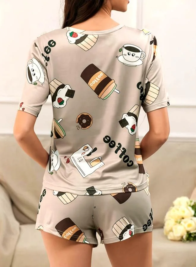 تايك تو مجموعة من تيشيرت بطبعة قهوة وشورت
