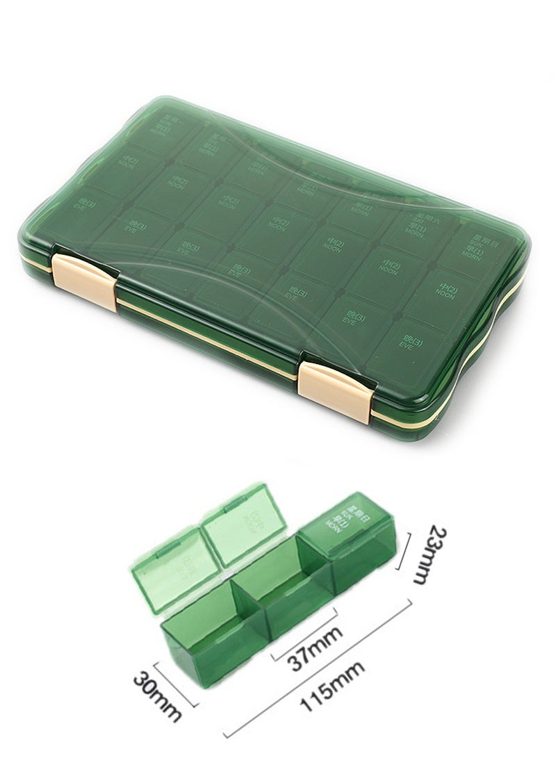 لبونير منظم حبوب الدواء 3 مرات في اليوم - منظم حبوب الدواء الاسبوعي 3 مرات في اليوم - صندوق حبوب كبير منظم ادوية لمدة 7 ايام، علبة تنظيم حبوب الدواء اليومية 3 مرات في اليوم للفيتامينات (أخضر) - Image 4