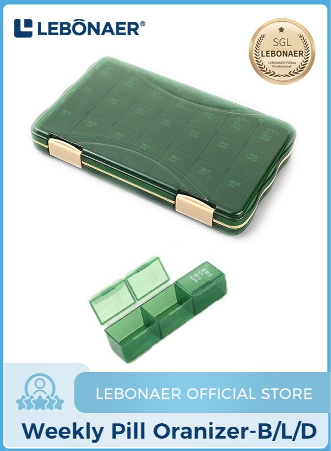 لبونير منظم حبوب الدواء 3 مرات في اليوم - منظم حبوب الدواء الاسبوعي 3 مرات في اليوم - صندوق حبوب كبير منظم ادوية لمدة 7 ايام، علبة تنظيم حبوب الدواء اليومية 3 مرات في اليوم للفيتامينات (أخضر) - Image 1