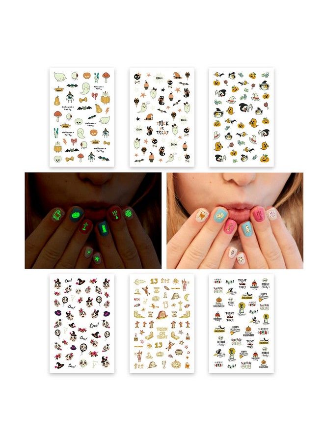 PARTYWIND Glow Halloween Nail Stickers For Kids Girls Glow Selfadhesive Halloween Nail Decals For Nail Art Decorations Halloween Nail Wrap Design With Pumpkin Skull Ghost (6 Sheets) - Image 1