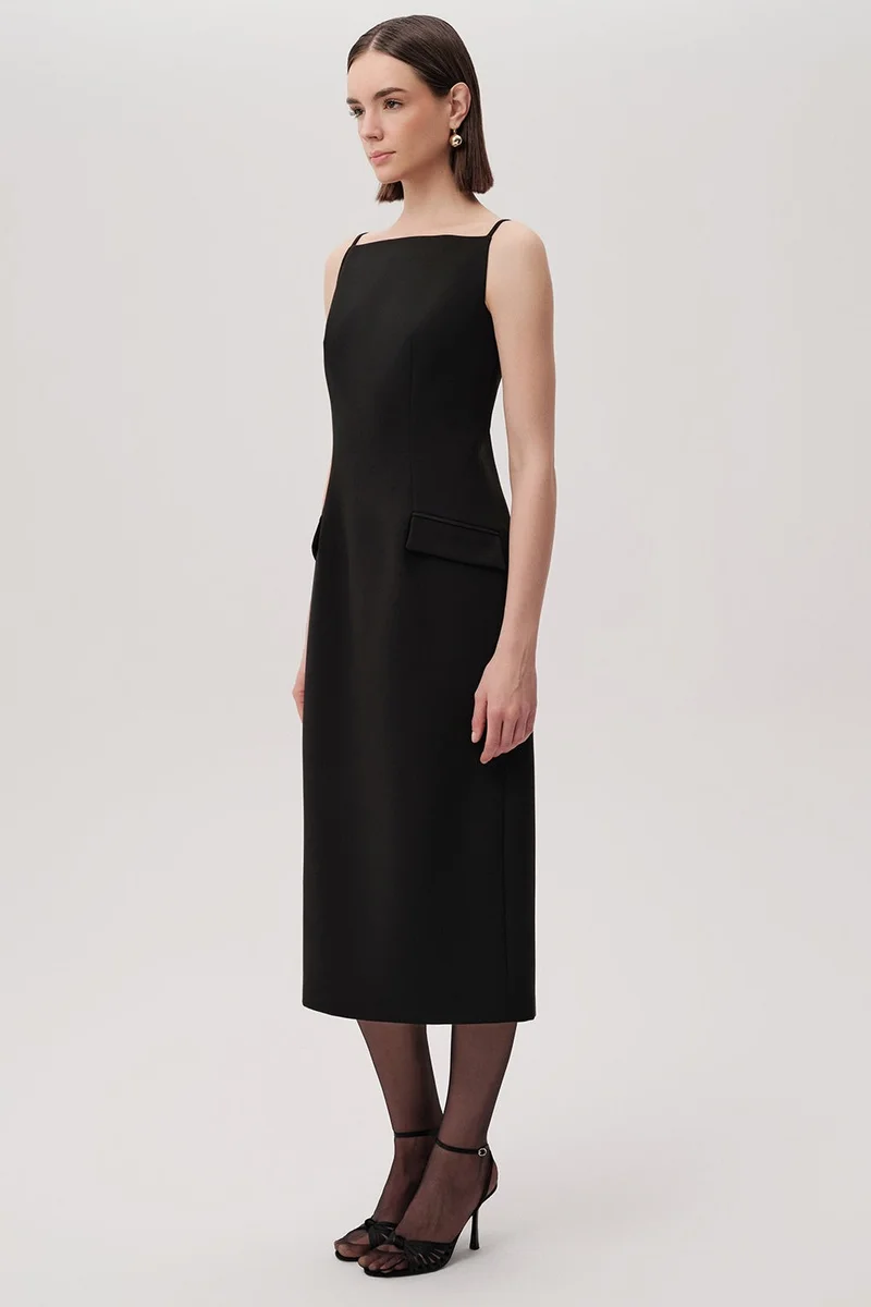 EXQUISE Boat Neck Sleeveless Regular Woven Black Midi Dress