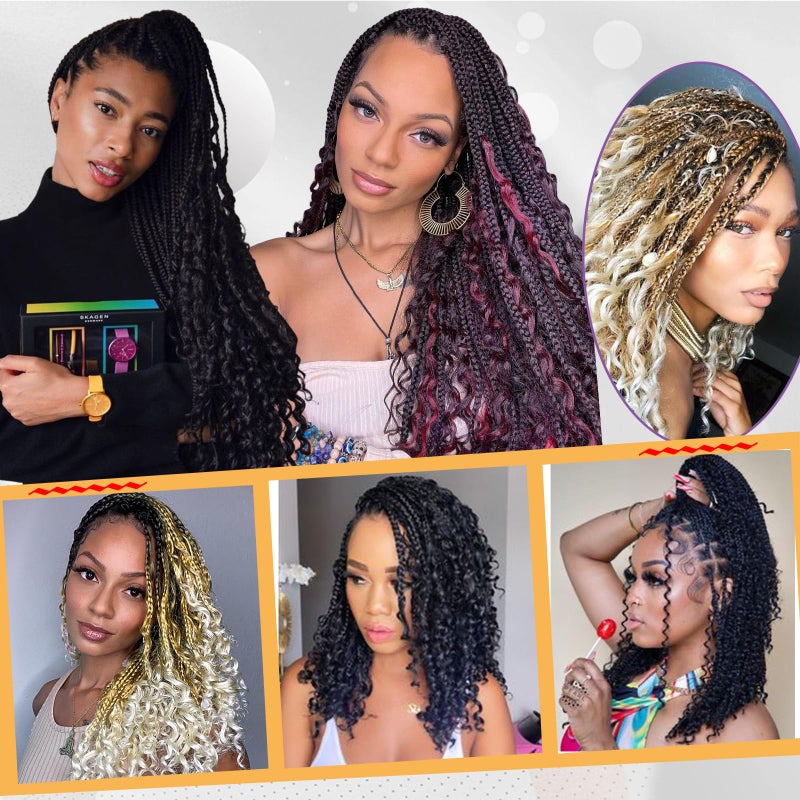 Beverlee 10 Inch 8 Packs Boho Box Braids Goddess Box Braids Crochet Hair Bohemian Hippie Braids Braiding Hair Box Braids with Curly Ends Messy Pre-looped Synthetic Kids Crochet Hair for Black Women - Image 5