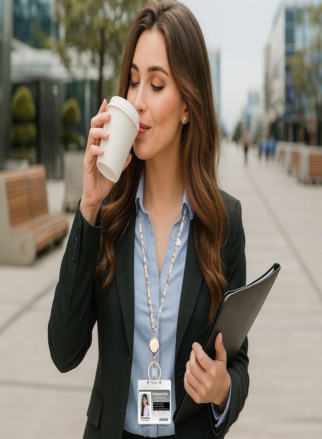 حبل تعليق ملون قابل للسحب للمعلمين من MyfavoriteK مع بكرة لحفظ الشارات، حامل شارات عصري وجذاب، حبل تعليق مزين بالخرز للمعلمين، لون رملي، طول 17 بوصة - Image 3