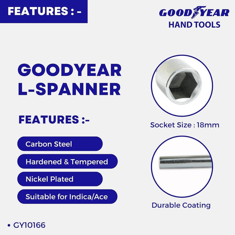GOODYEAR مفتاح صمولة عجلة السيارة على شكل L من جوديير معدني مفرد الجانب نوع L 18 مم مفتاح مفرد الجانب نوع L فضي GY10166 - Image 4