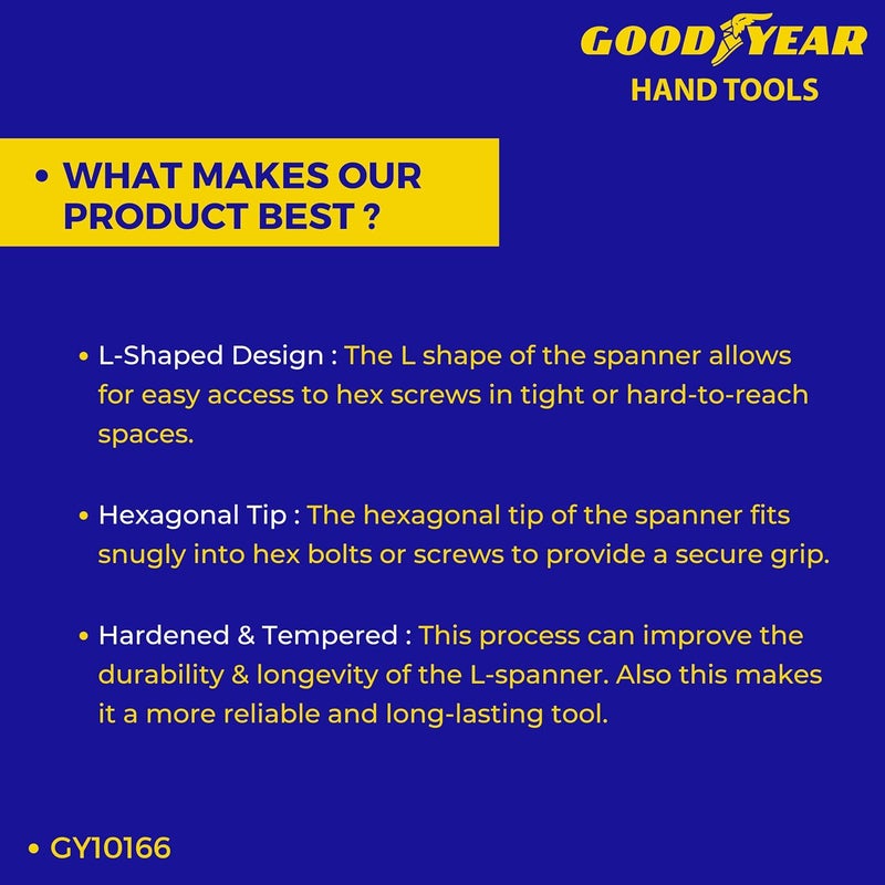 GOODYEAR مفتاح صمولة عجلة السيارة على شكل L من جوديير معدني مفرد الجانب نوع L 18 مم مفتاح مفرد الجانب نوع L فضي GY10166 - Image 5