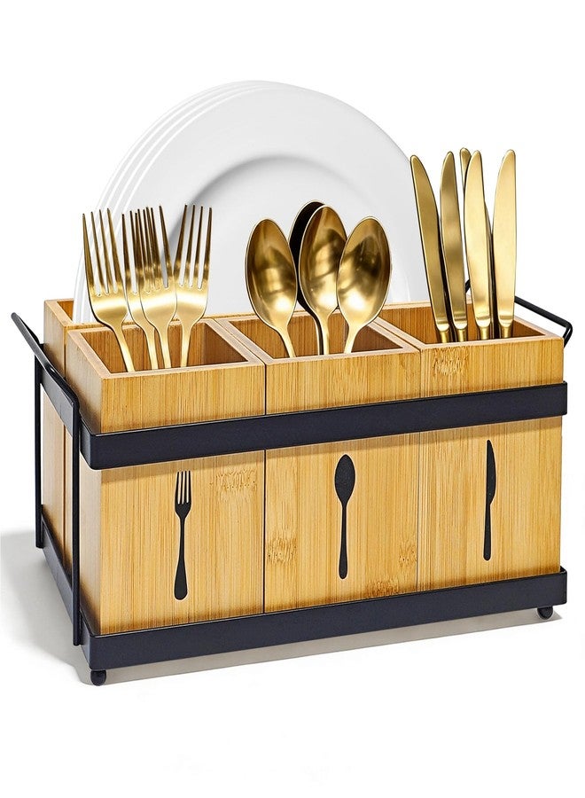 QZV Silverware Caddy Wooden Silverware Holder Cutlery Storage Organizer Paper Plate Dispenser Flatware Cutlery Holder for Party Utensil Caddy for Spoons Forks Napkins Plates - Image 1