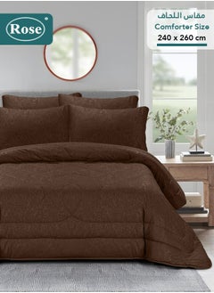 Rose ROSE Luxurious Flory Comforter, Premium Cotton Alternative Microfiber, Set of 6 pieces, Super Soft Cozy Breathable Cooling Lightweight, King size 260x240 cm, Dark Brown  - Image 1