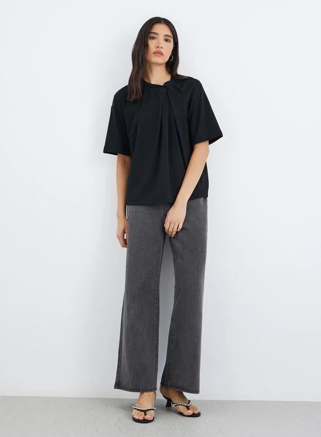 تايك تو Take Two Women Black Knot Neck Detail Boxy Fit T-Shirt