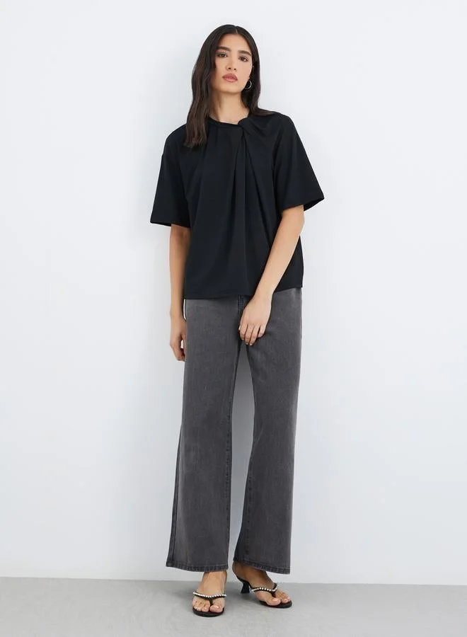 Take Two Take Two Women Black Knot Neck Detail Boxy Fit T-Shirt