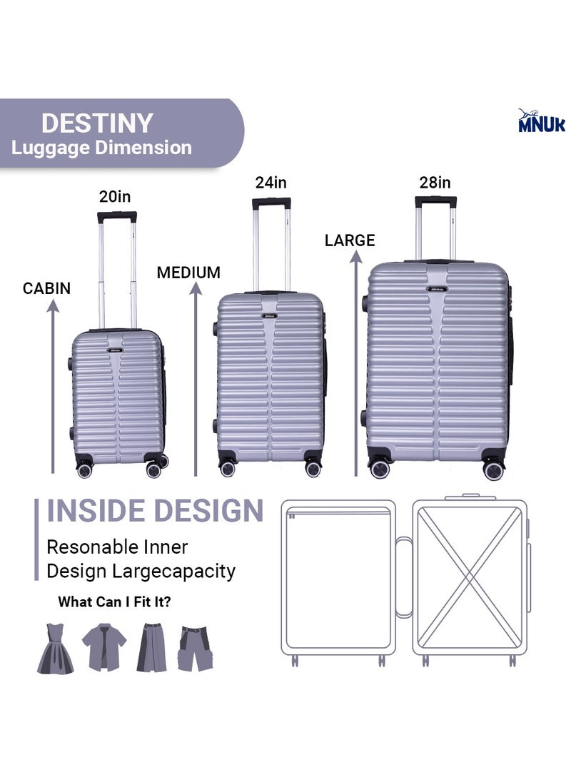 MNUK - Destiny Carry-on Luggage - 20 Inch | Hardside Soft Handle Trolley with TSA Lock |Double 360° 8 Wheeler| Cabin Size, Silver - Image 1