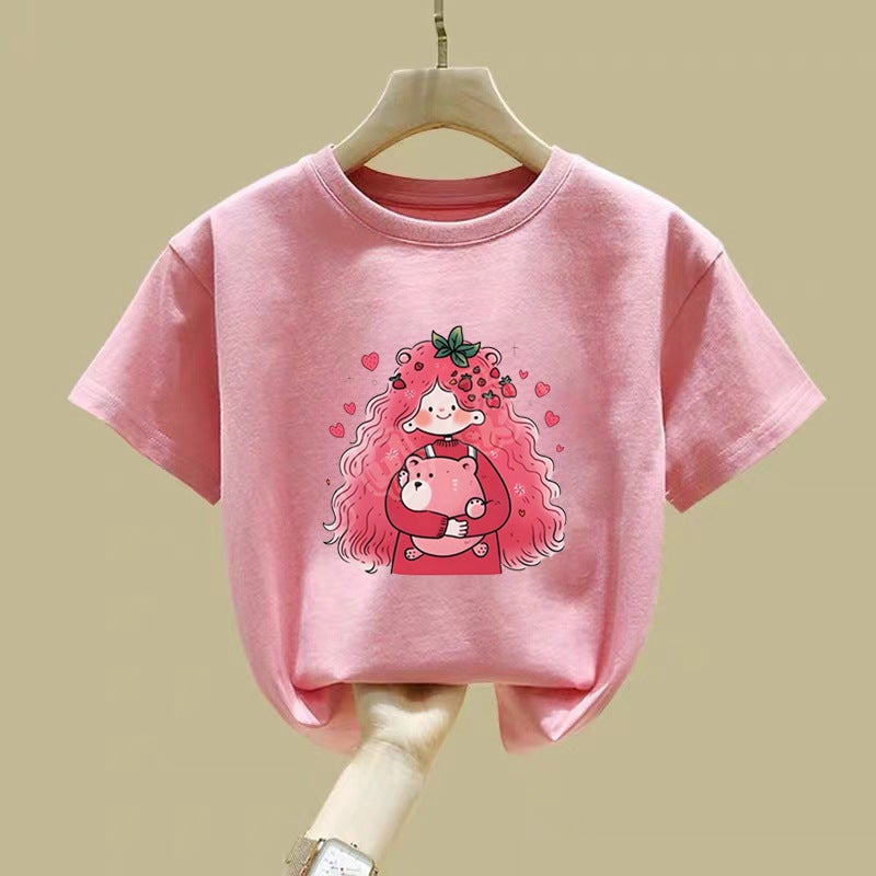 Pink Short-Sleeved Girls' T-Shirt Pure Cotton Style Large-Size Loose Half-Sleeved Summer Children'S Top T-Shirt - Image 1