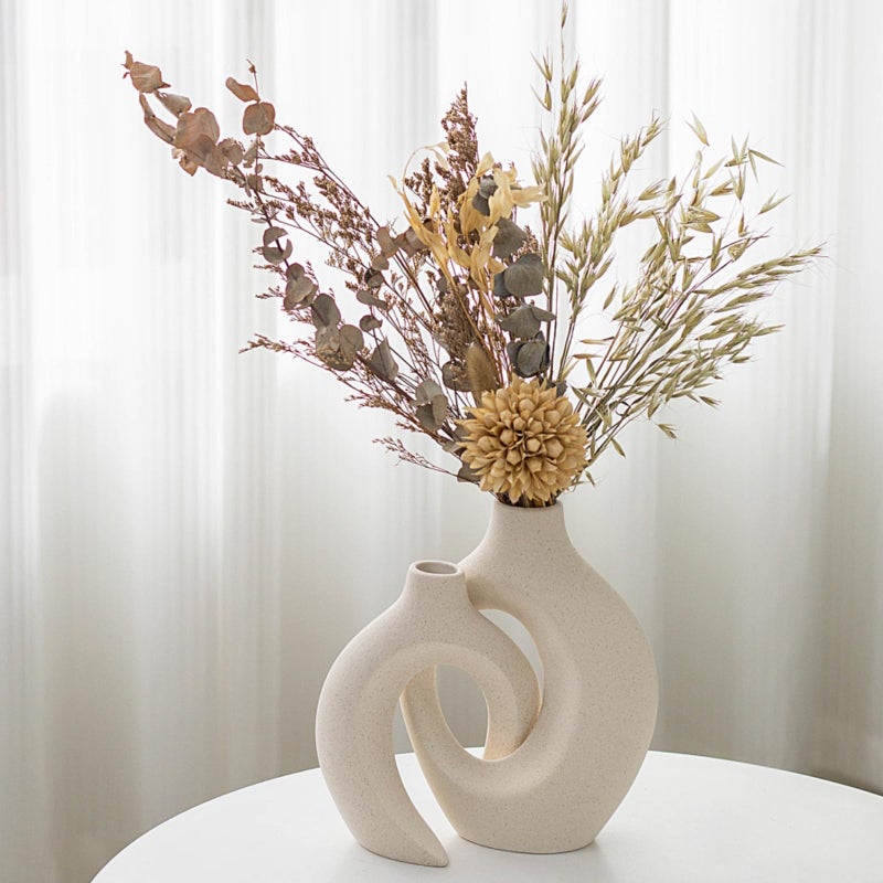 Liotww Snuggle Hollow Ceramic Vase Set of 2 for Coffee Table Decor  Donut Decorative Vases for Boho Modern Table Centerpieces Home Living Room Entryway Table Shelves Decoration (Beige W 6.3"" X H 8.4"") - Image 3