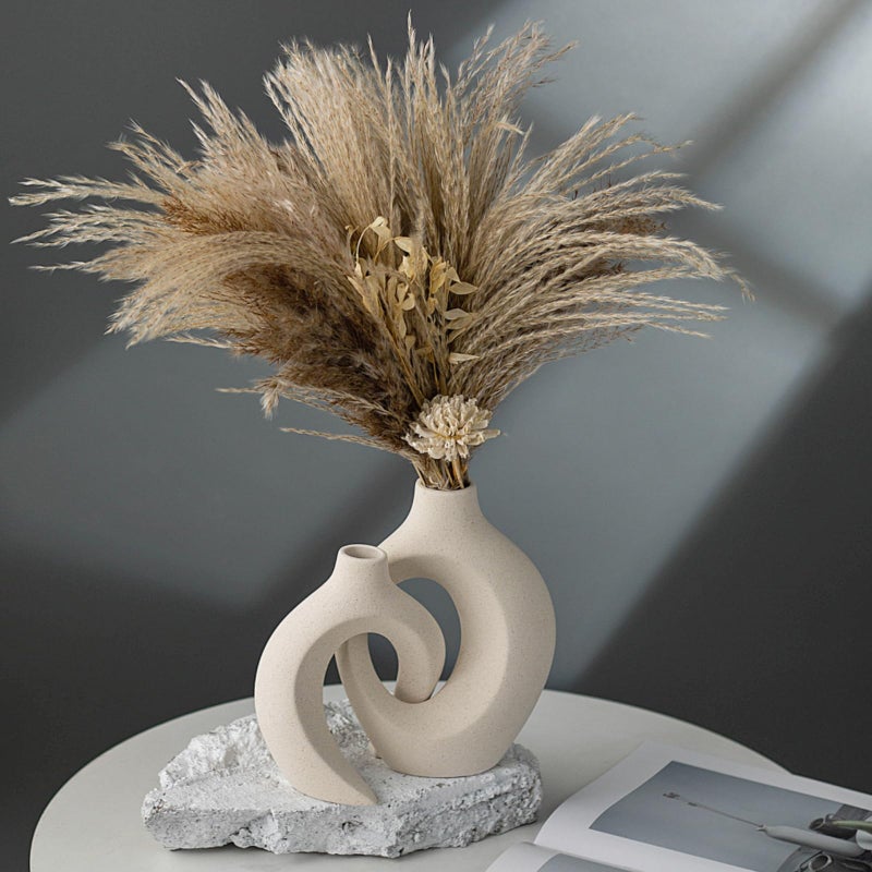 Liotww Snuggle Hollow Ceramic Vase Set of 2 for Coffee Table Decor  Donut Decorative Vases for Boho Modern Table Centerpieces Home Living Room Entryway Table Shelves Decoration (Beige W 6.3"" X H 8.4"") - Image 2