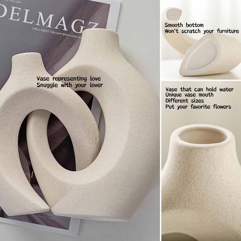 Liotww Snuggle Hollow Ceramic Vase Set of 2 for Coffee Table Decor  Donut Decorative Vases for Boho Modern Table Centerpieces Home Living Room Entryway Table Shelves Decoration (Beige W 6.3"" X H 8.4"") - Image 5