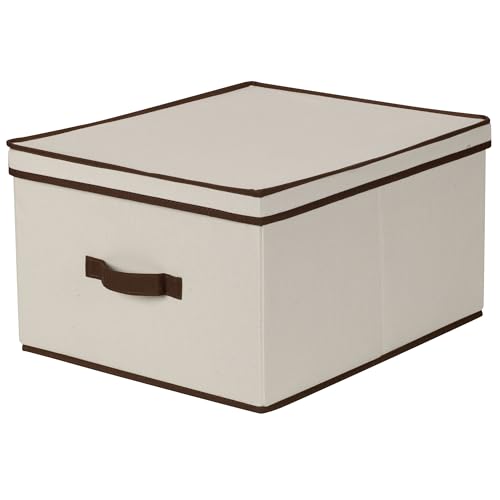 Household Essentials 515 Storage Box with Lid and Handle- Natural Beige Canvas with Brown Trim- Jumbo - Image 1