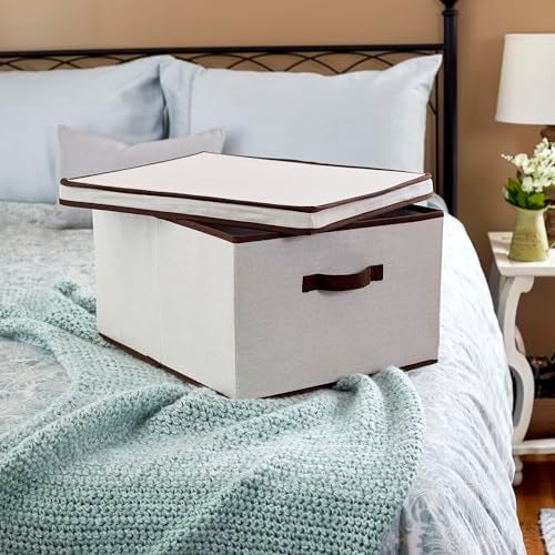 Household Essentials 515 Storage Box with Lid and Handle- Natural Beige Canvas with Brown Trim- Jumbo - Image 2