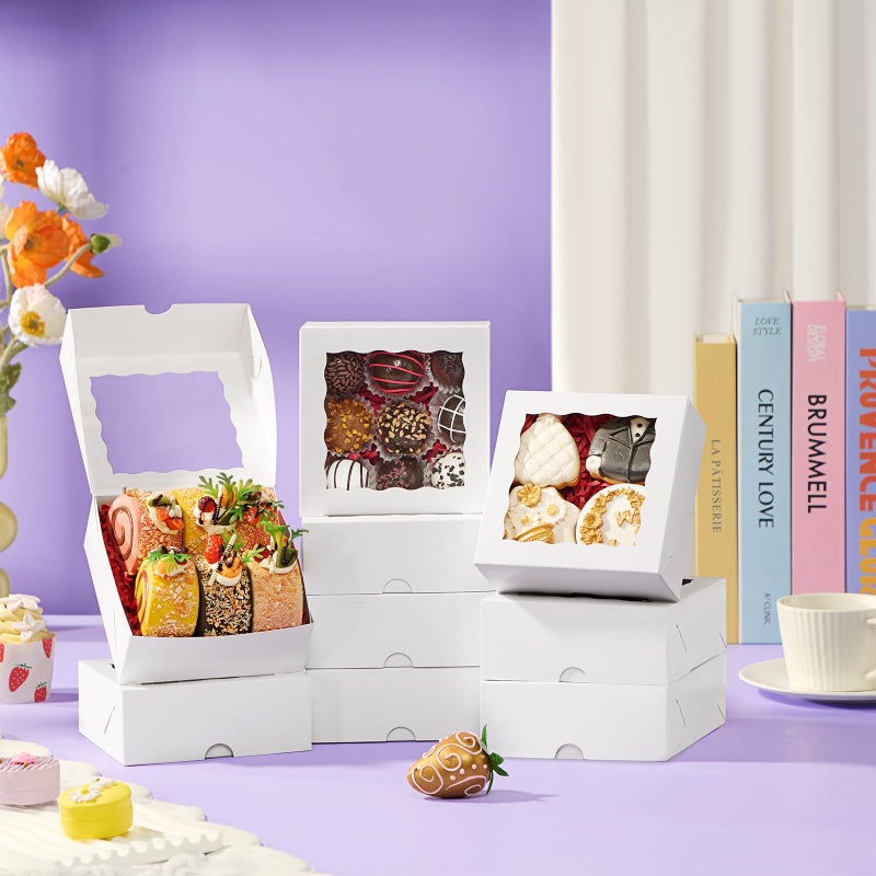 RomanticBaking 21PCS 5x5x2 Inch Bakery Boxes,Cookie Boxes with Window, Pastry Boxes for Macaroon Dessert Cupcake Donut Pastry Muffins - Image 4