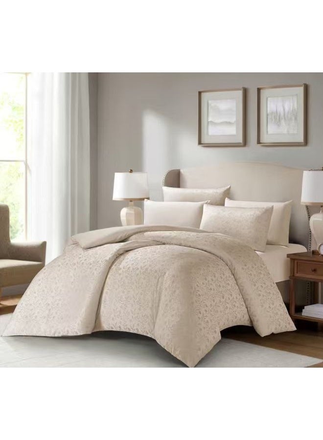 Luxury Silk Comforter Set King Size 6 Pieces, Ultra Soft Bedding Set with 1 Comforter, 1 Fitted Sheet and 4 Pillowcases, Elegant Champagne Beige Jacquard Design