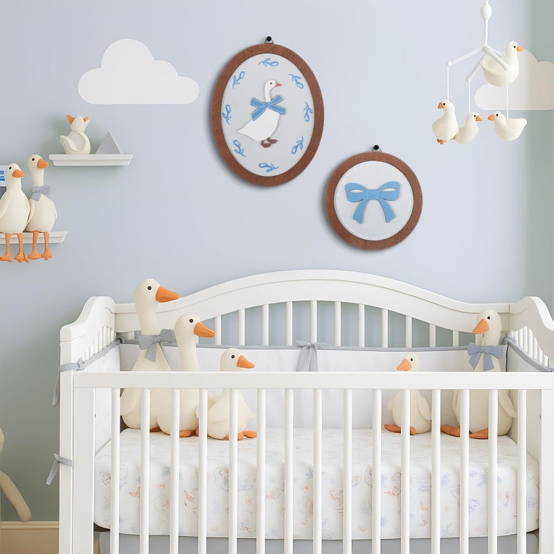 AceOrbit 2 Pcs Goose Nursery Decor, Wood Vintage Silly Goose Wall Art, Funny Duck with Blue Bow, Cute Duck Decor, Wooden Round Framed Wall Hanging Decoration for Nursery Baby Room Playroom Bedroom - Image 5