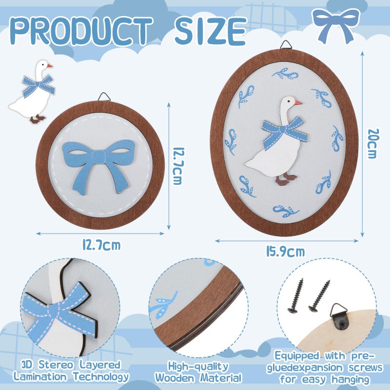AceOrbit 2 Pcs Goose Nursery Decor, Wood Vintage Silly Goose Wall Art, Funny Duck with Blue Bow, Cute Duck Decor, Wooden Round Framed Wall Hanging Decoration for Nursery Baby Room Playroom Bedroom - Image 2