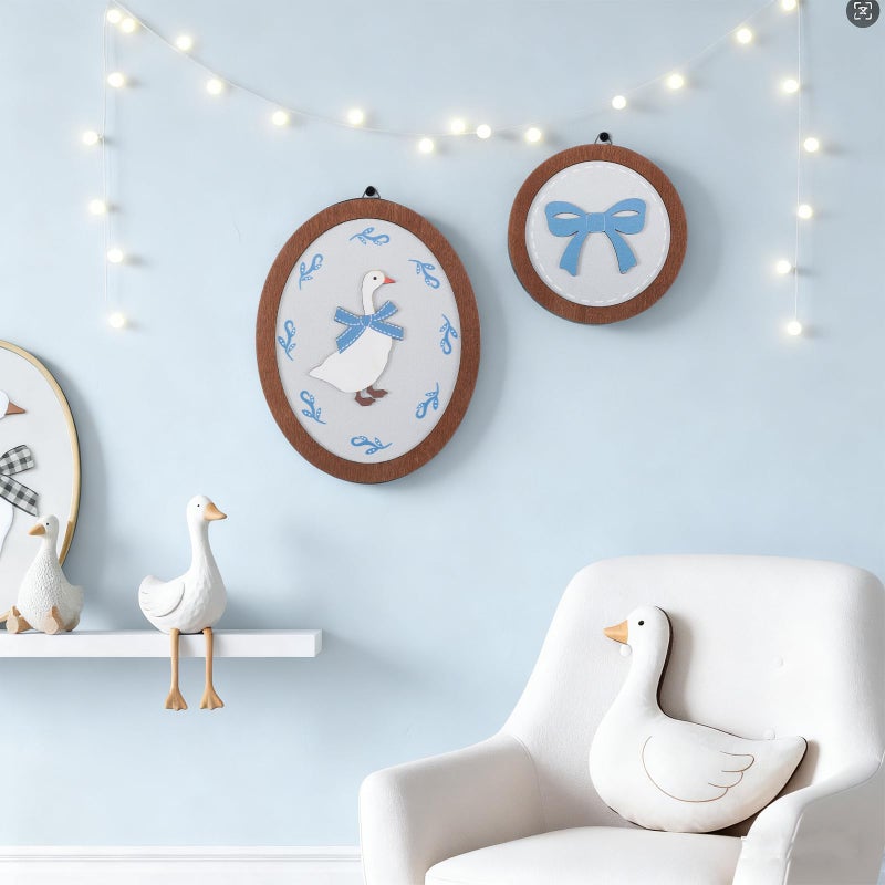 AceOrbit 2 Pcs Goose Nursery Decor, Wood Vintage Silly Goose Wall Art, Funny Duck with Blue Bow, Cute Duck Decor, Wooden Round Framed Wall Hanging Decoration for Nursery Baby Room Playroom Bedroom - Image 4