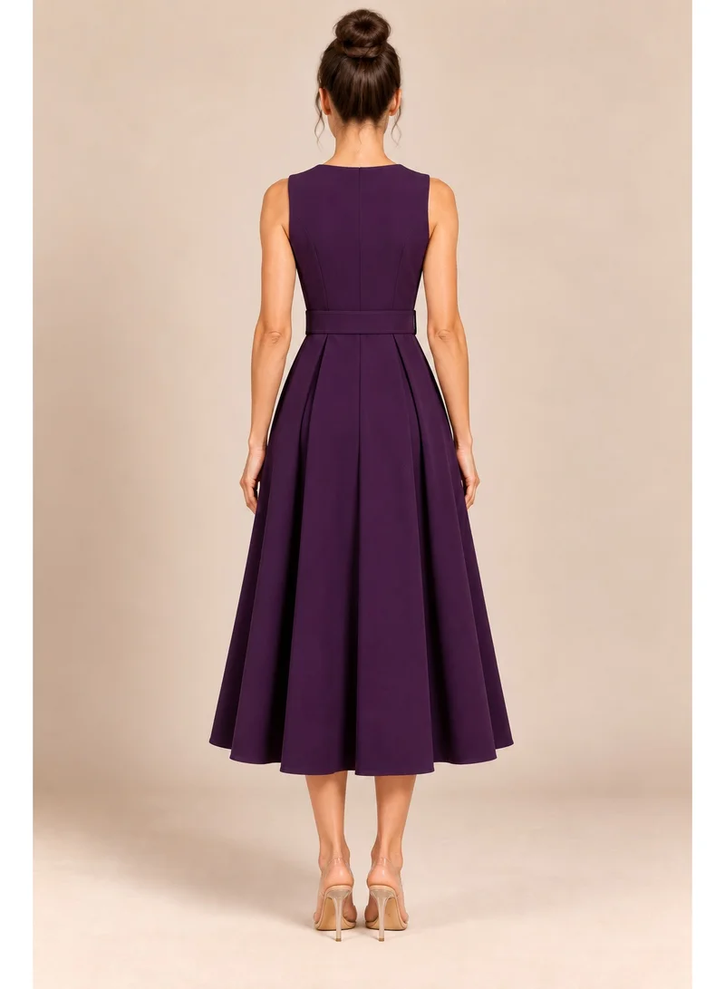 2Trendy Women's Dark Purple Midi Dress with Belt and Pleated Full Skirt